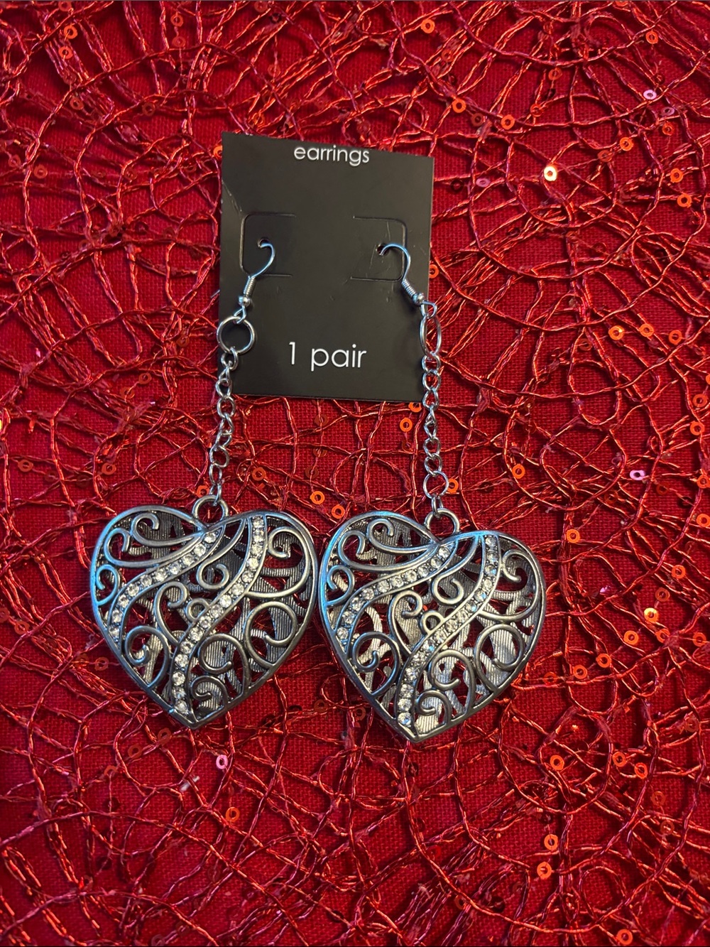Silver-Tone Heart Filigree Drop Earrings with Crystal Stream